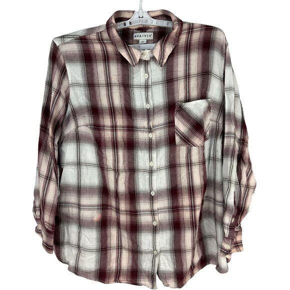 Ava & Viv Burgundy White Plaid Button Down Shirt Plus Size 3X Long Sleeve - Picture 1 of 5